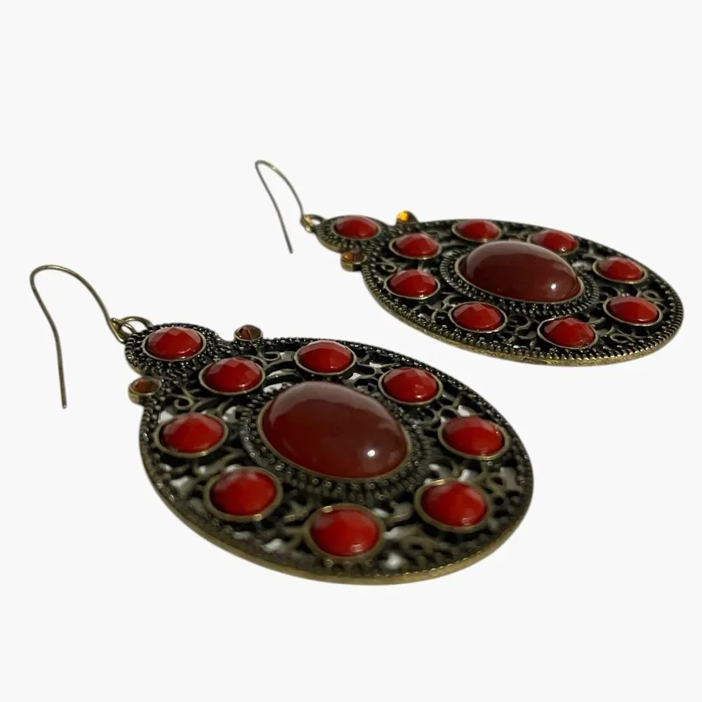 VTG Oval Filigree Statement Earrings Dangle Red Rhinestone Large Boho Jewelry